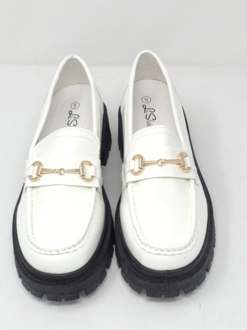 White Chunky Platform Loafers Gold Chain Lug Sole Slip On Trendy - Picture 10 of 10